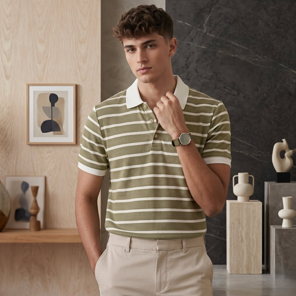 Olive & White Striped Polo T-Shirt - Grey Rhino