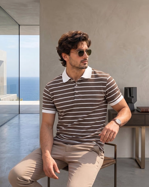 Brown & White Striped Polo T-Shirt - Grey Rhino