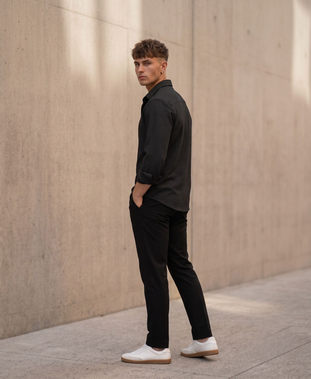 Textured Knit Casual Shirt Black - Grey Rhino