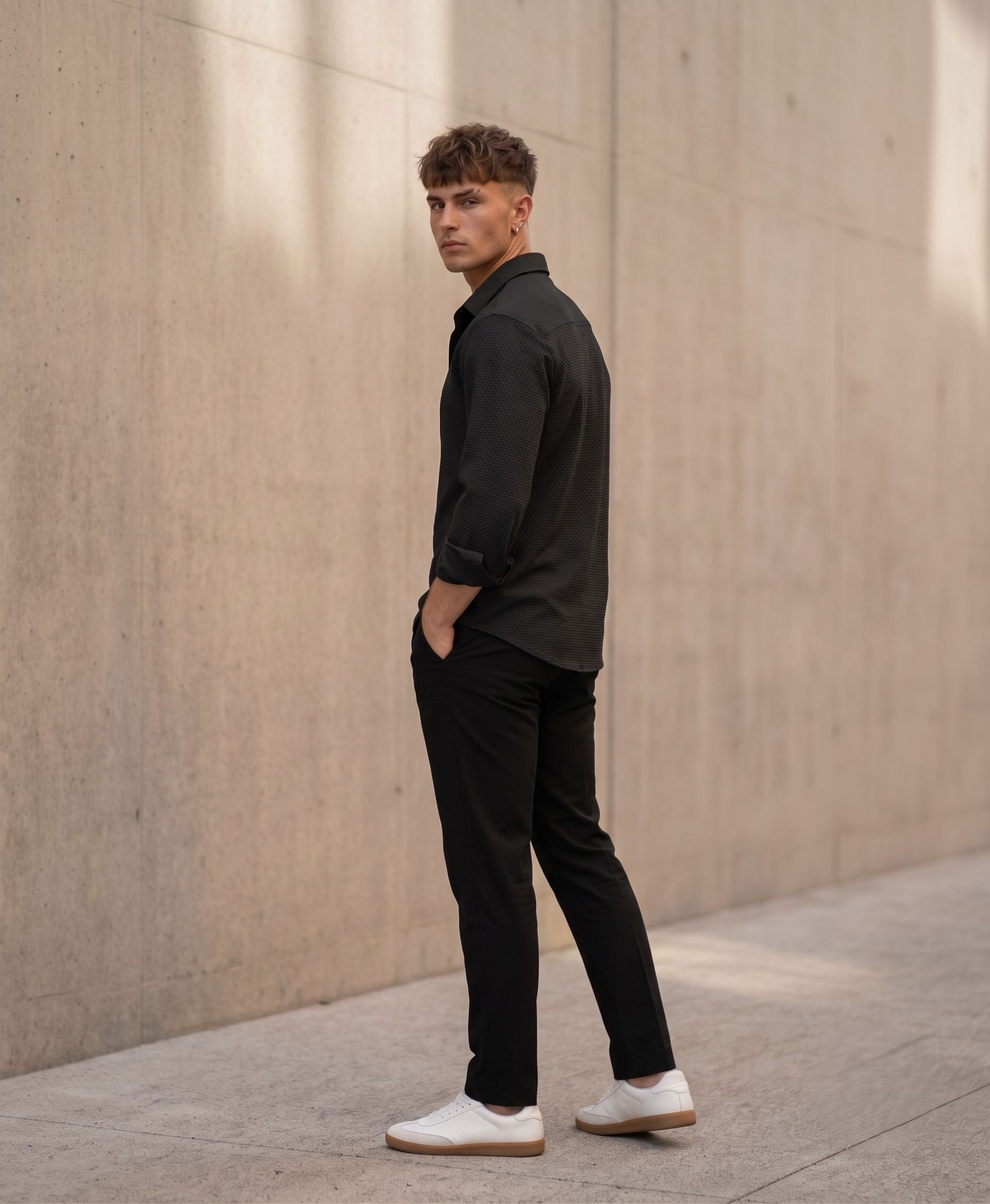 Textured Knit Casual Shirt Black - Grey Rhino