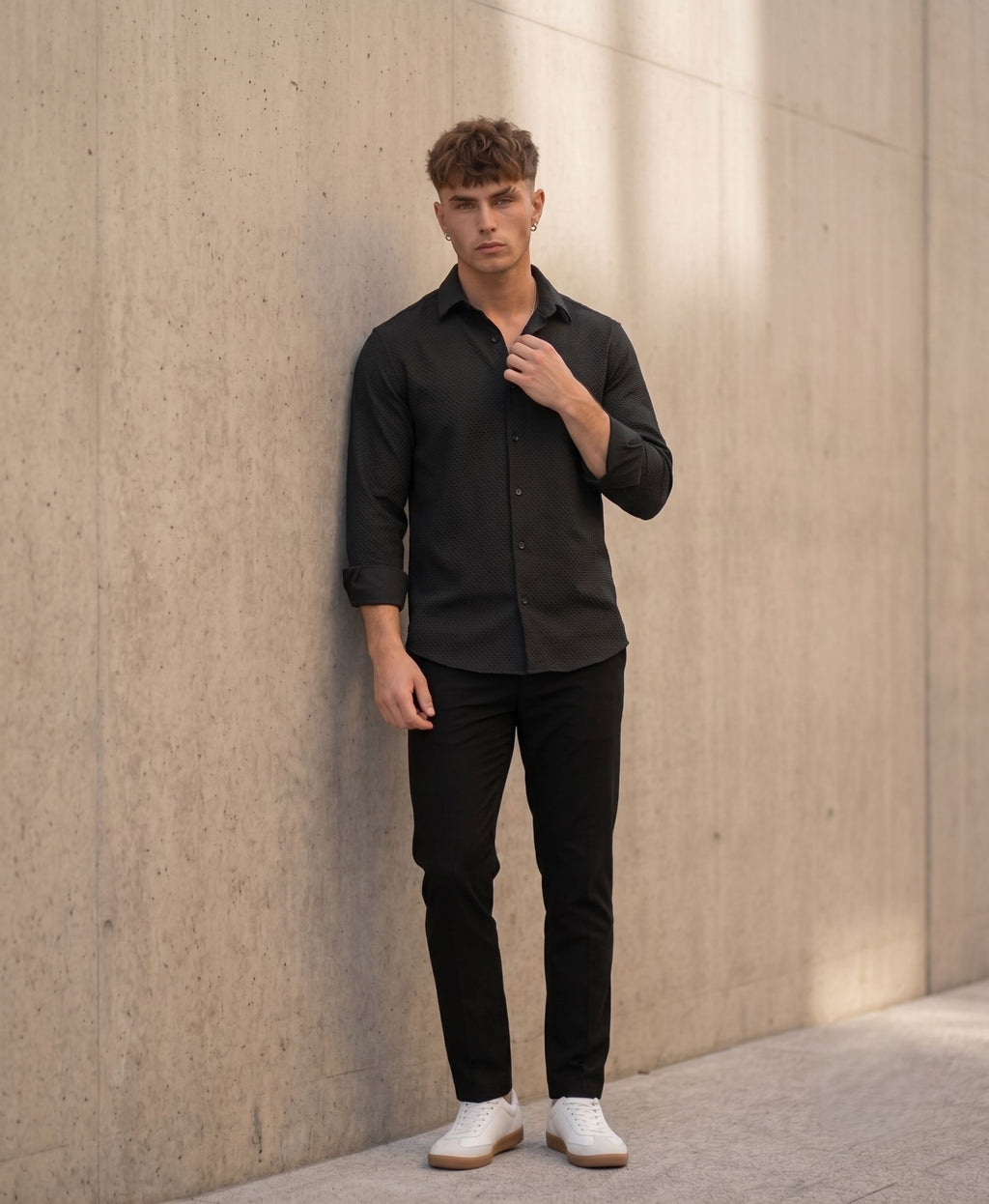 Textured Knit Casual Shirt Black - Grey Rhino