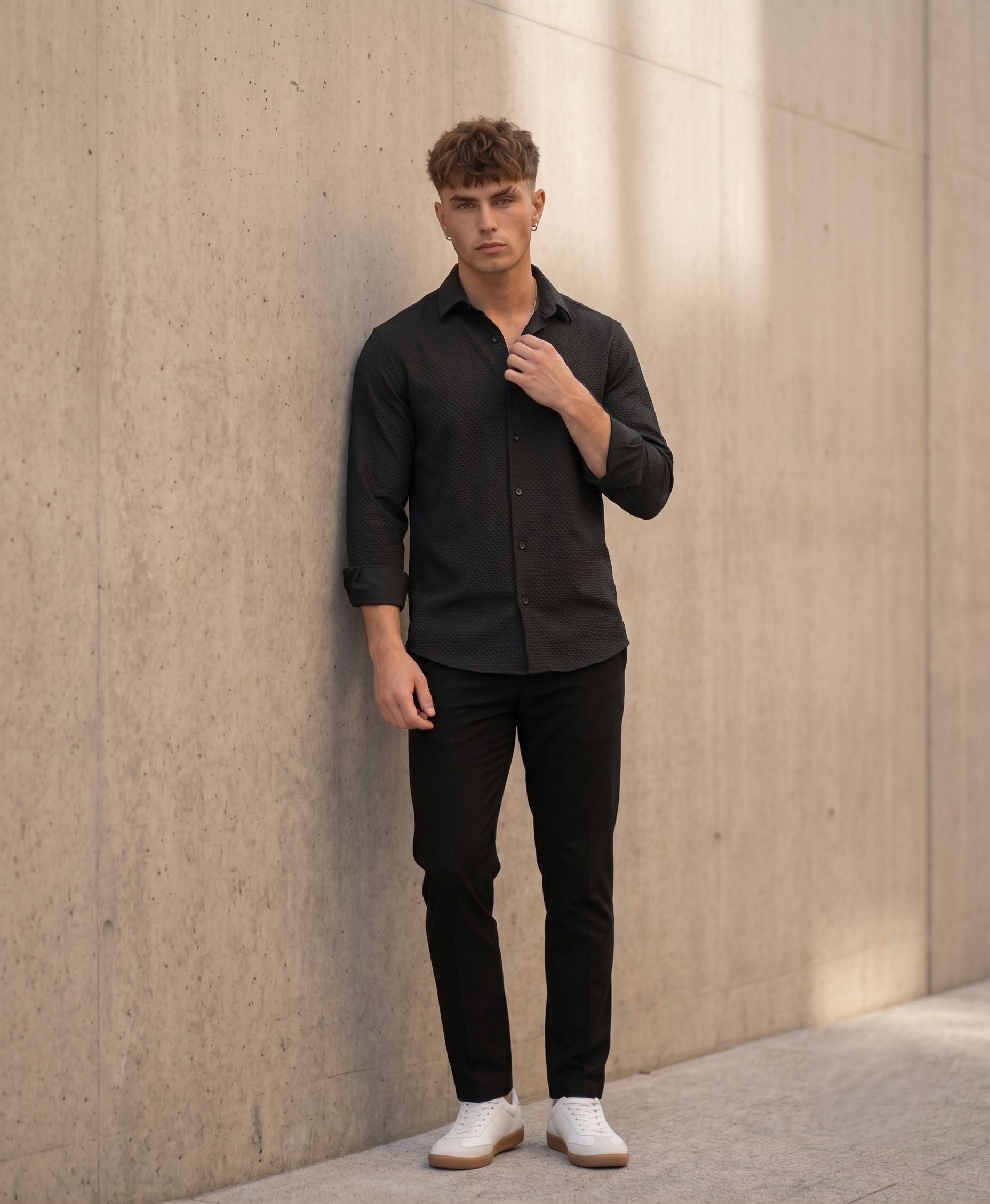 Textured Knit Casual Shirt Black - Grey Rhino