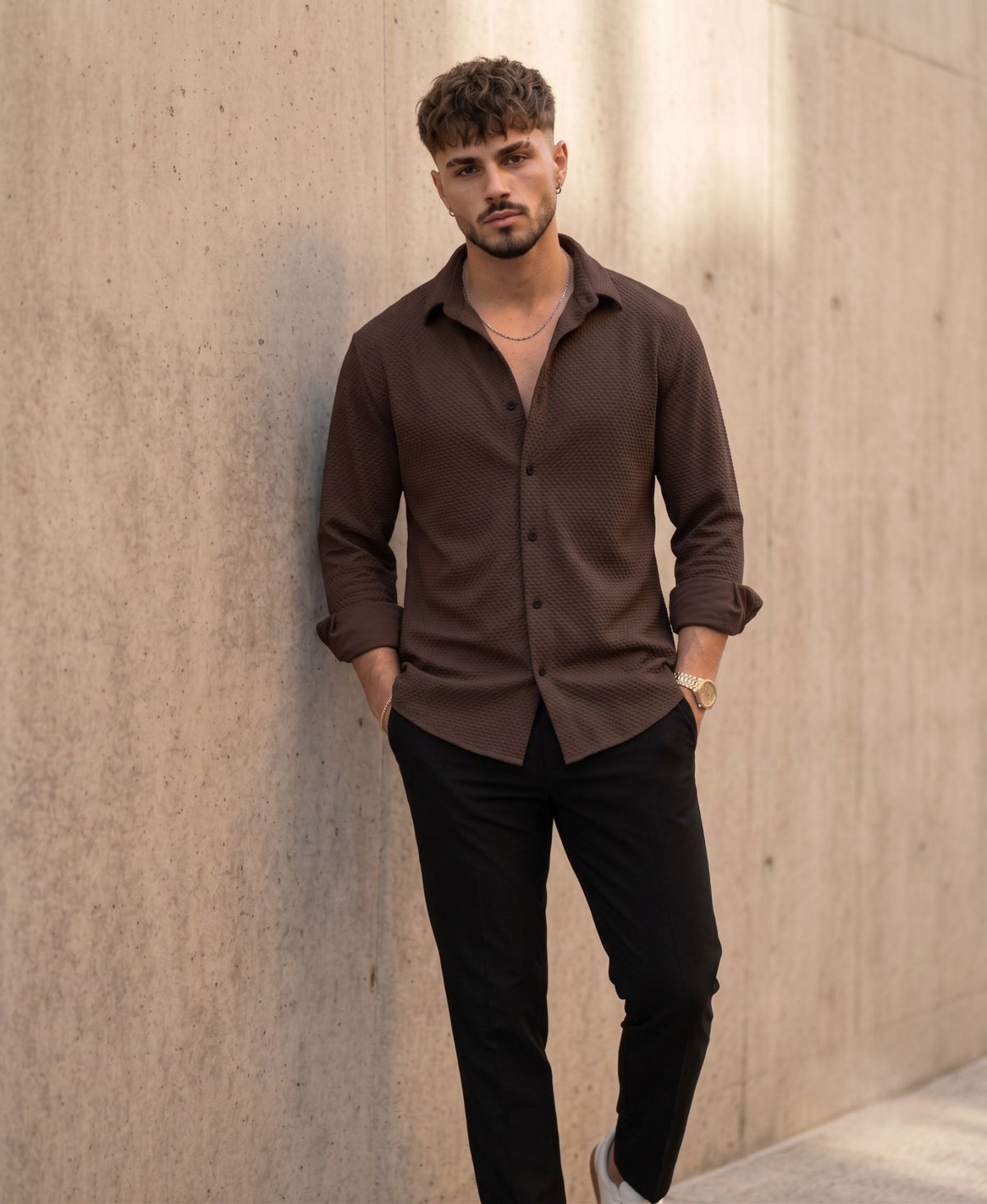 Textured Knit Casual Shirt Brown - Grey Rhino
