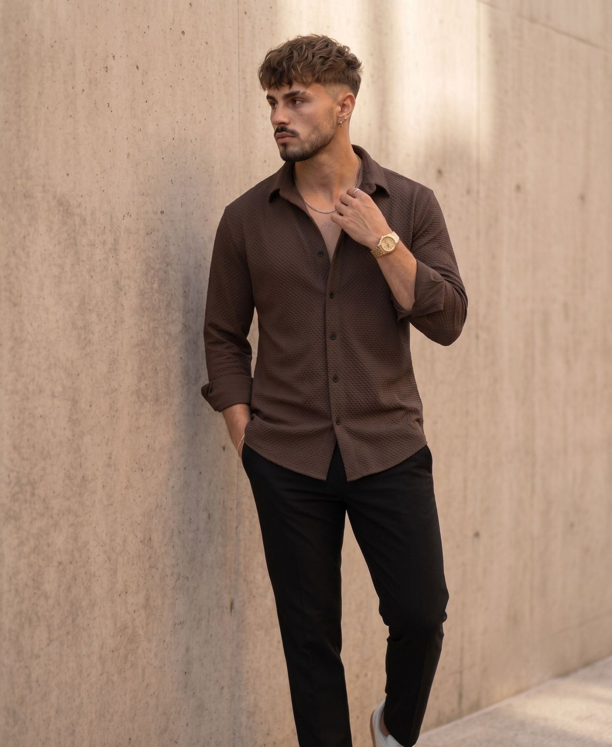 Textured Knit Casual Shirt Brown - Grey Rhino
