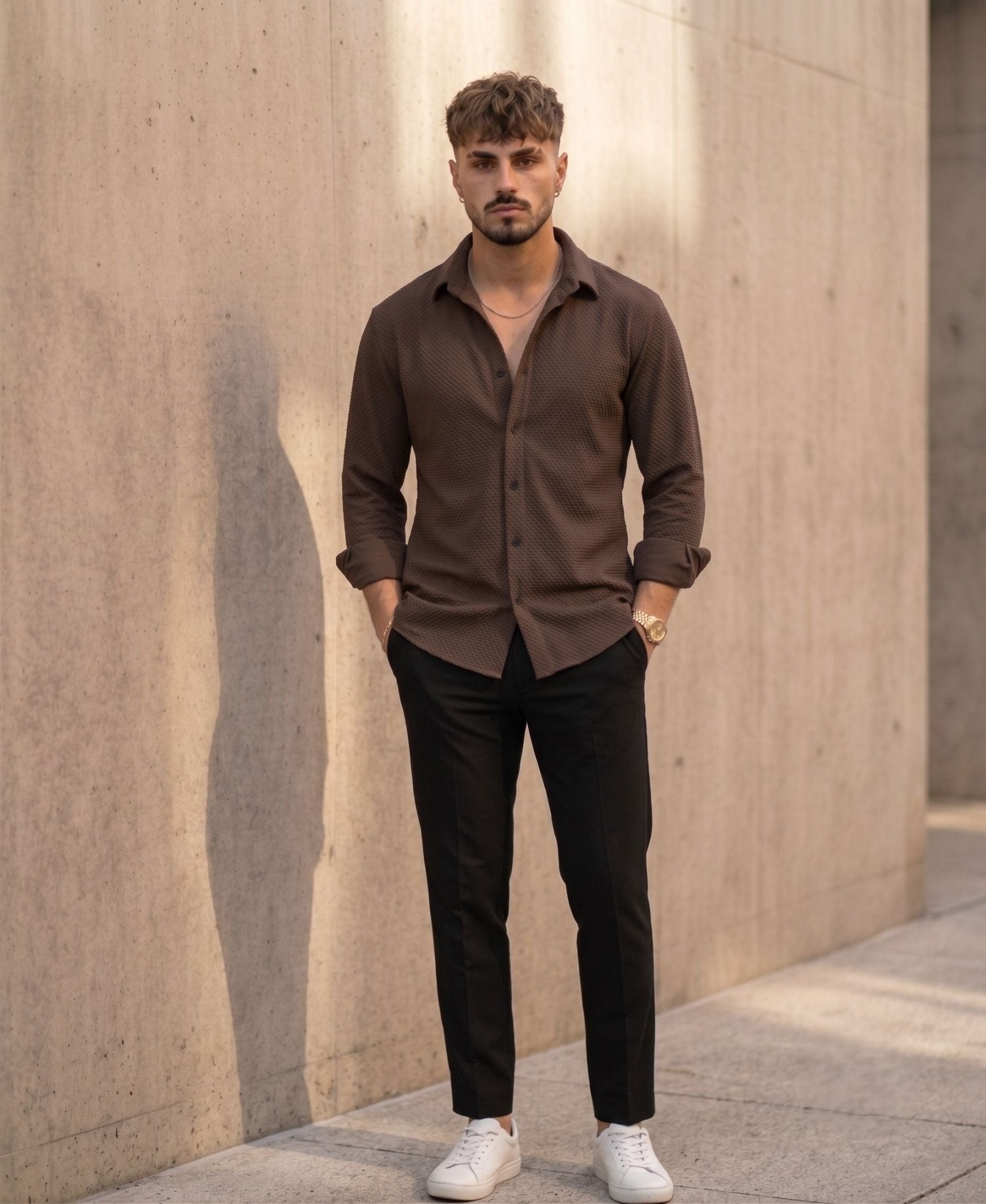 Textured Knit Casual Shirt Brown - Grey Rhino