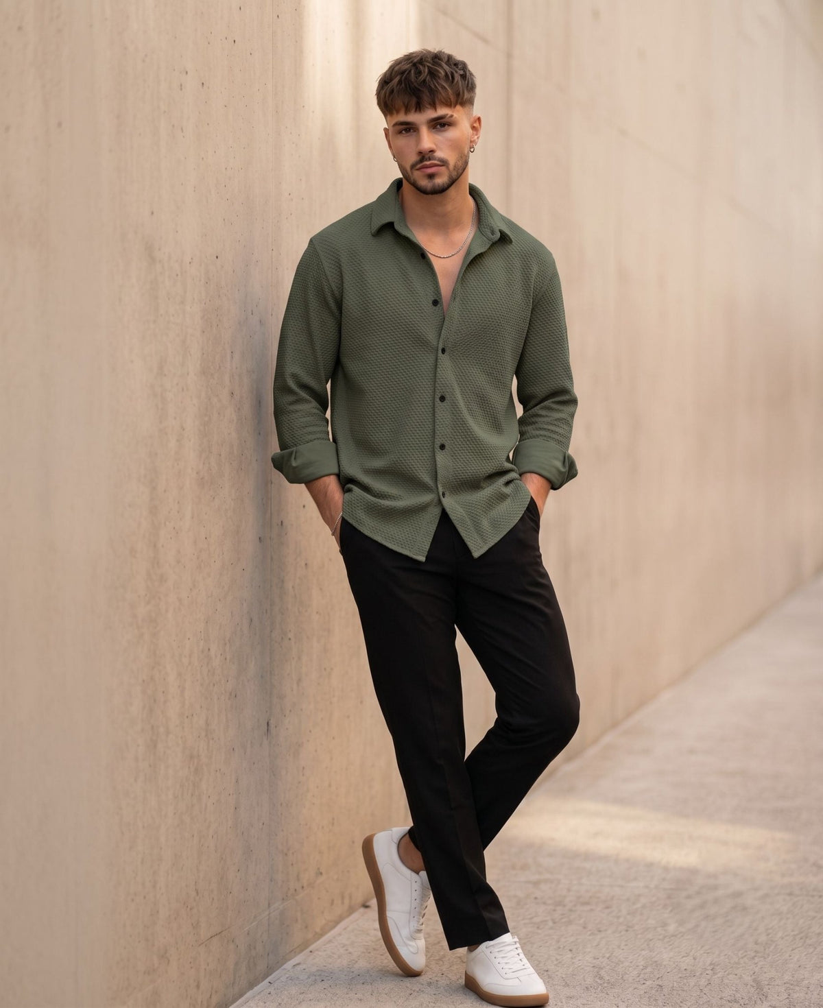 Textured Knit Casual Shirt Green - Grey Rhino
