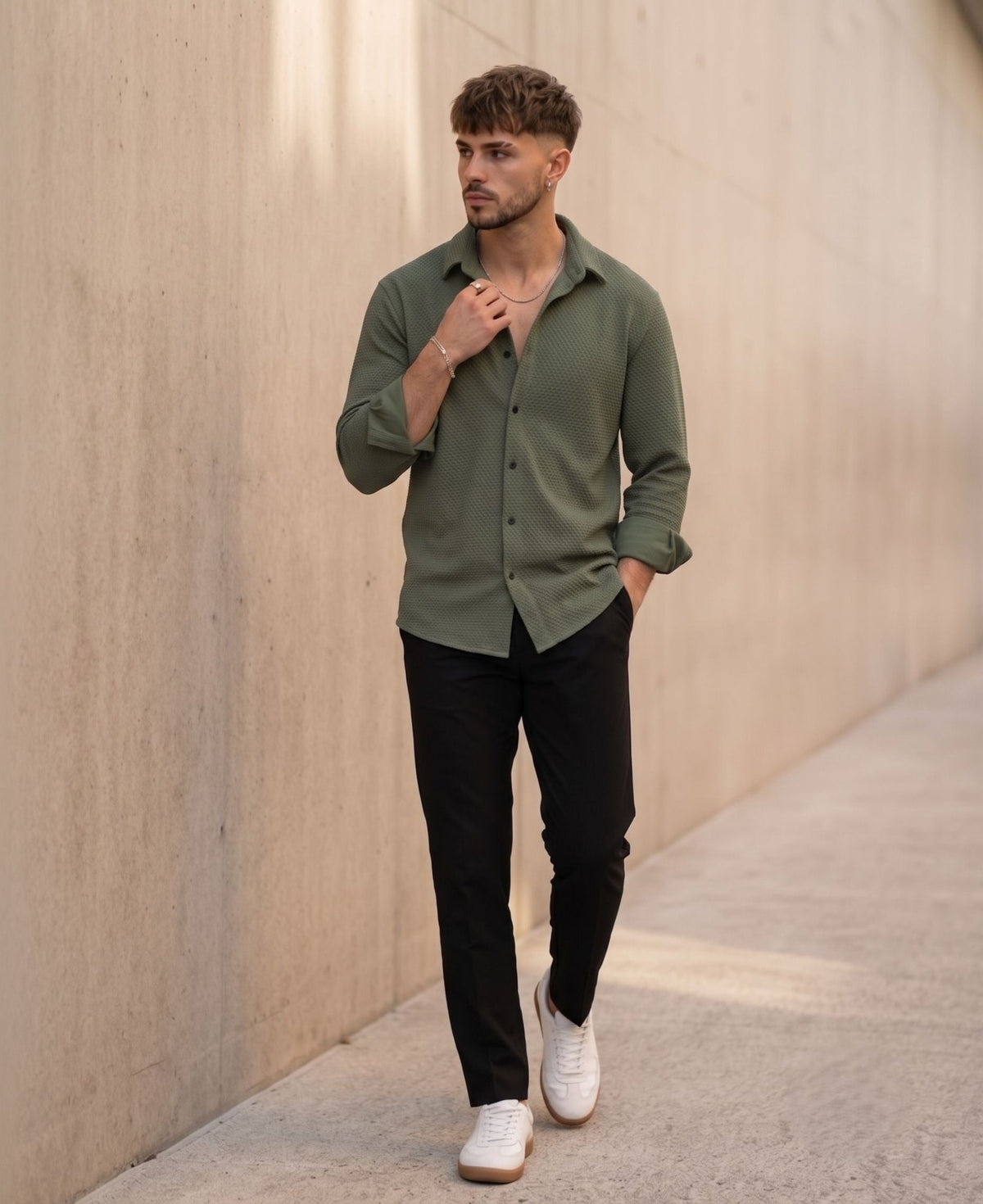 Textured Knit Casual Shirt Green - Grey Rhino