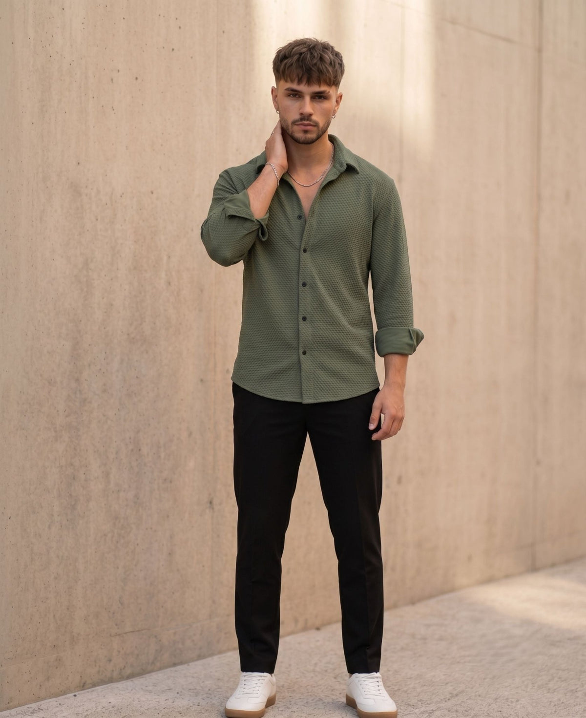 Textured Knit Casual Shirt Green - Grey Rhino