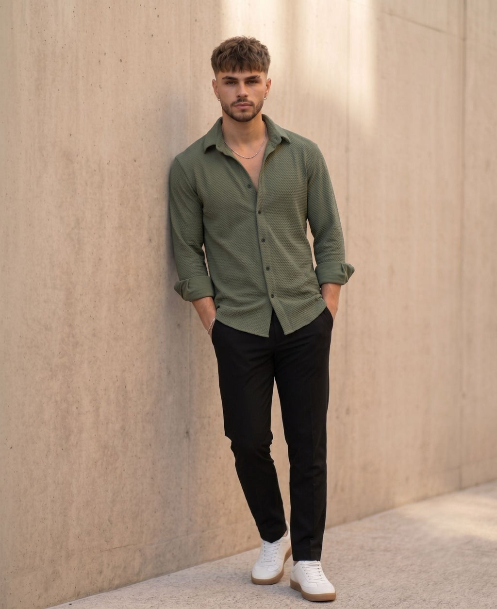 Textured Knit Casual Shirt Green - Grey Rhino