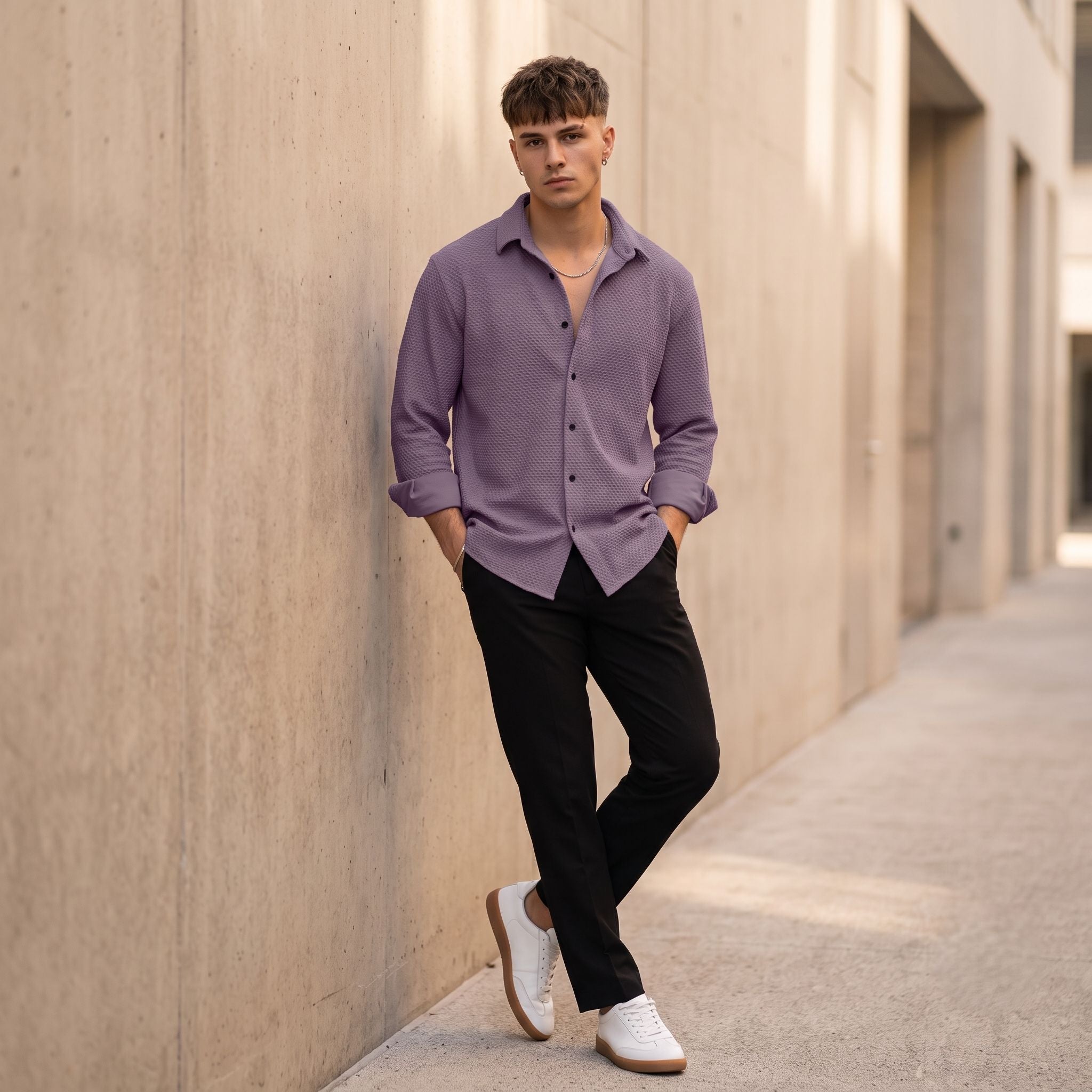 Textured Knit Casual Shirt Mauve - Grey Rhino