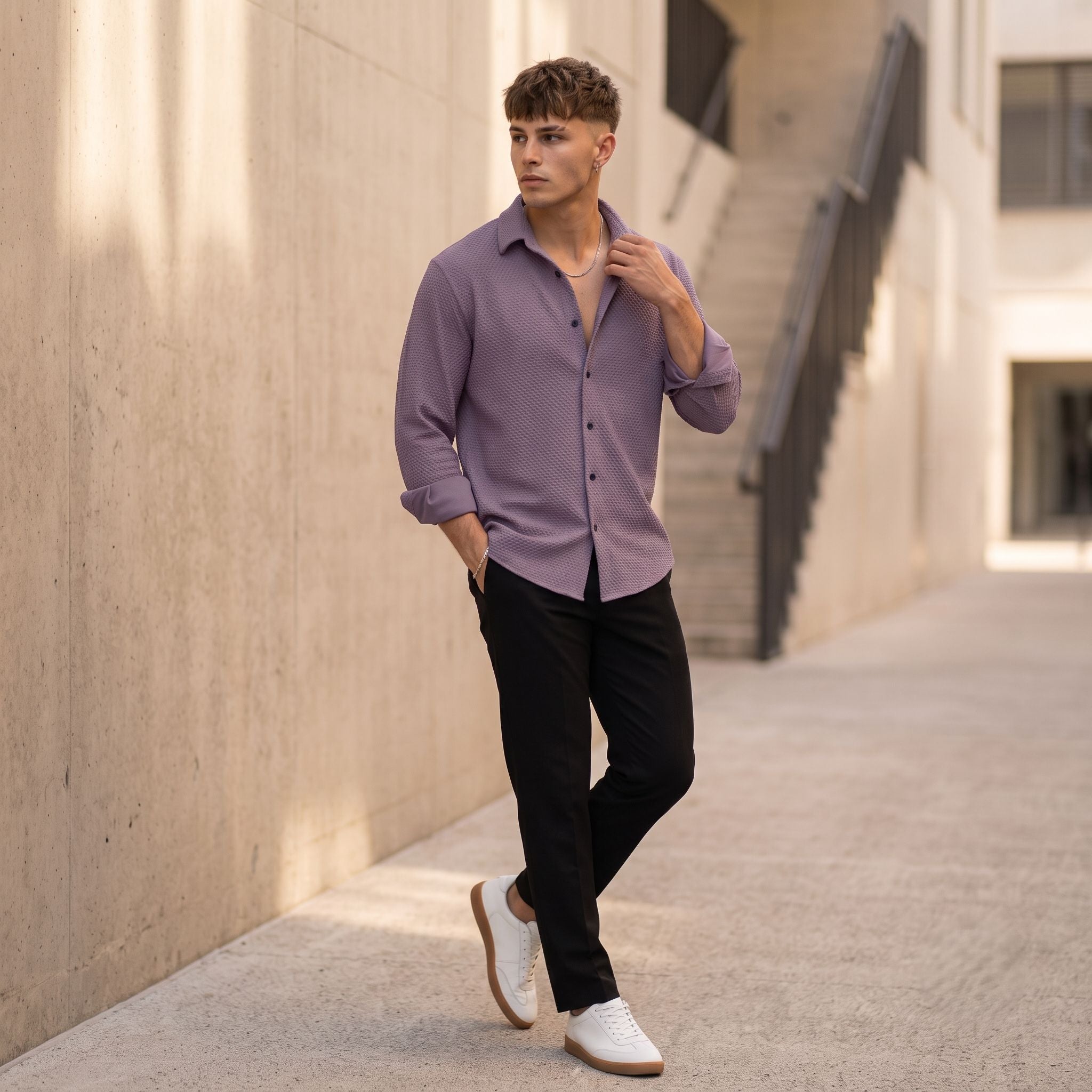 Textured Knit Casual Shirt Mauve - Grey Rhino