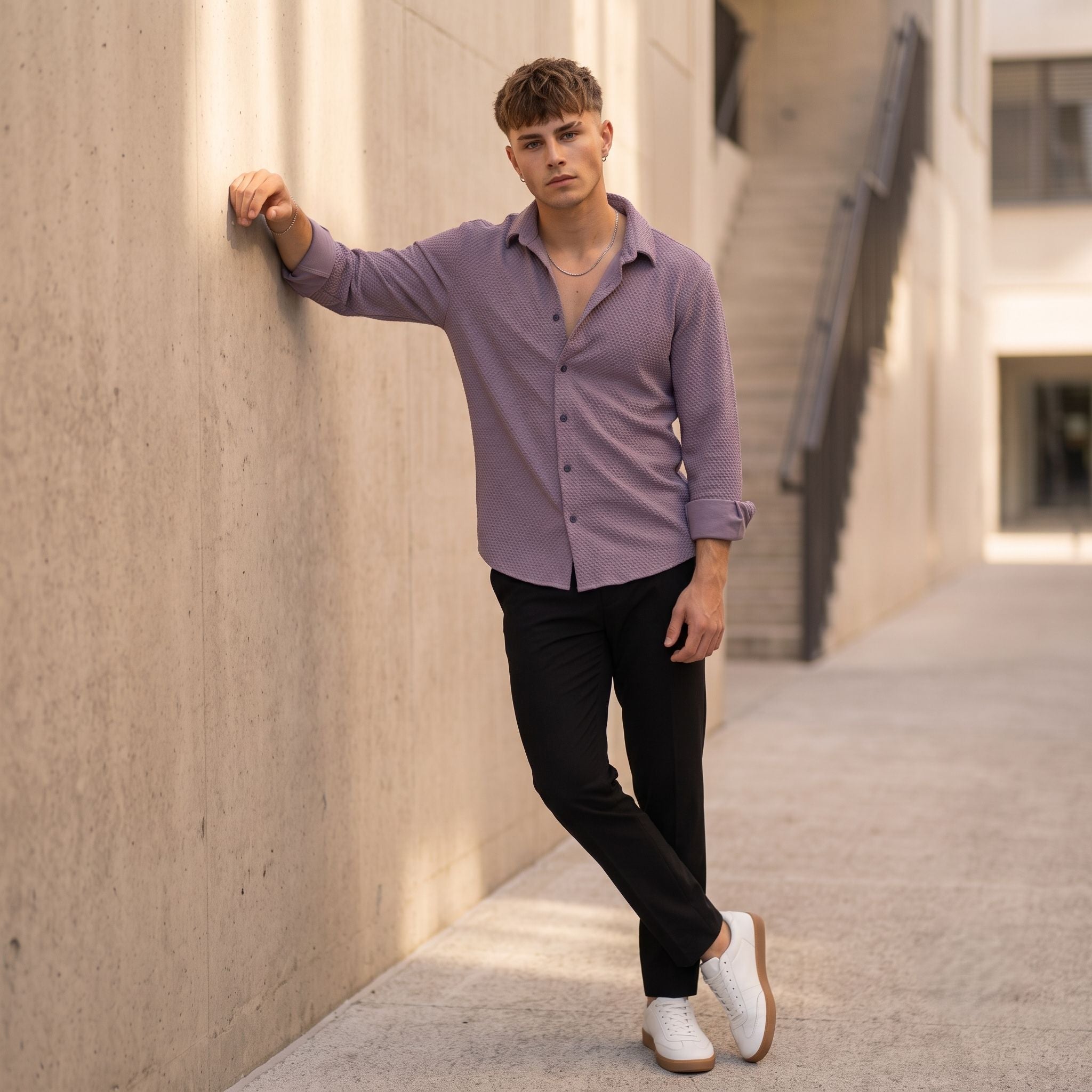 Textured Knit Casual Shirt Mauve - Grey Rhino