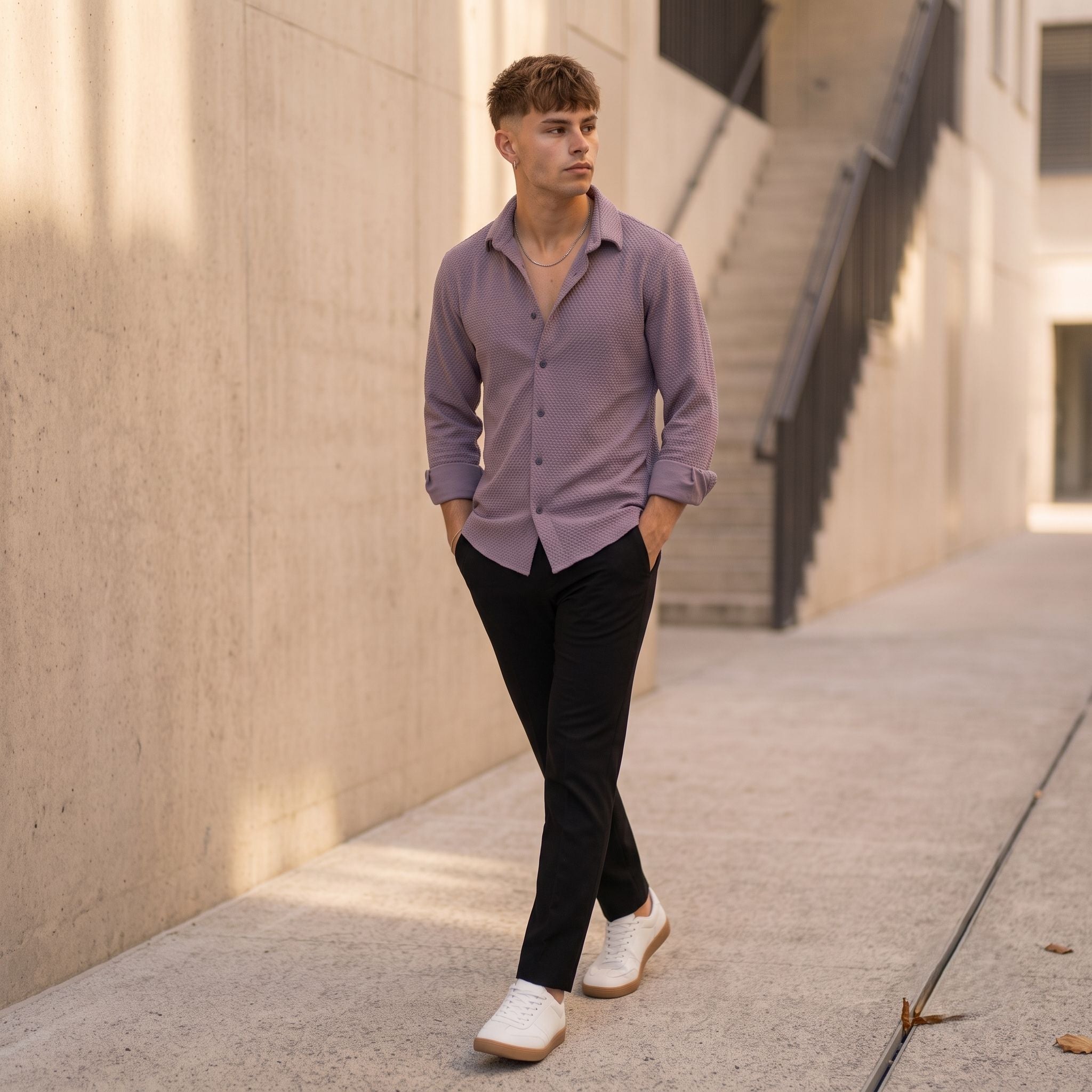 Textured Knit Casual Shirt Mauve - Grey Rhino